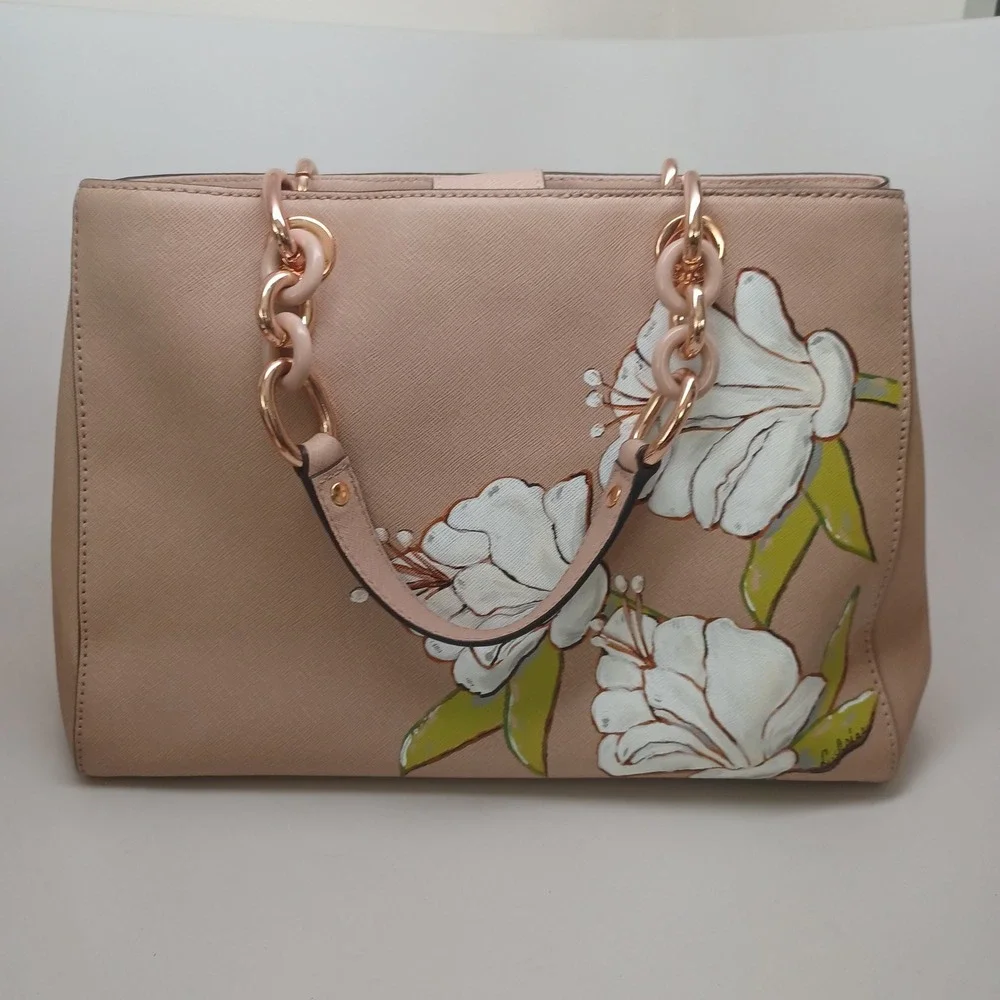 Michael Kors Cynthia Tote Neutral Tan Saffiano Leather Hand Painted Floral Bag